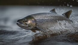 large wild atlantic salmon leaping on water Generative AI